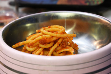  My dog's bowl: Bucatini pasta with Amatriciana