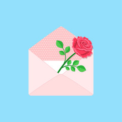 Valentines day. Open envelope with card and rose