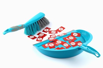 The brush sweeps the tags with the image of discounts in the scoop. End of sales, deception of...