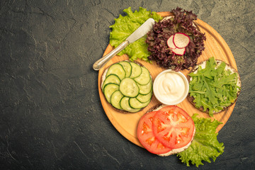 Vegetarian sandwiches with cream cheese and vegatables on black background, top view