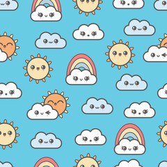 Clear blue sky. Sun and clouds, rainbow. Cute kawaii weather icons. Japanese cartoon manga style. Funny anime characters. Trendy vector illustration for kids. Seamless pattern. Bright blue background