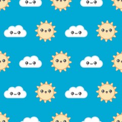 Clear blue sky. Sun and clouds. Cute kawaii weather icons. Japanese cartoon manga style. Funny anime characters. Trendy vector illustration for kids. Seamless pattern. Bright blue background