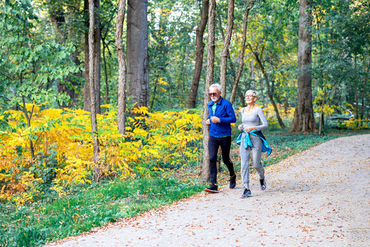 Mature couple man and woman jogging in the park