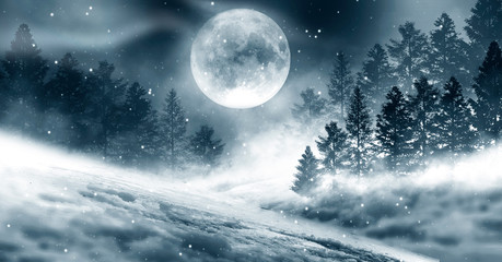 Dark winter forest background at night. Snow, fog, moonlight. Dark neon night background in the...