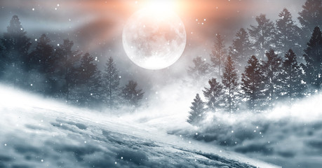 Dark winter forest background at night. Snow, fog, moonlight. Dark neon night background in the forest with moonlight. Neon figure in the center. Night view, magic.