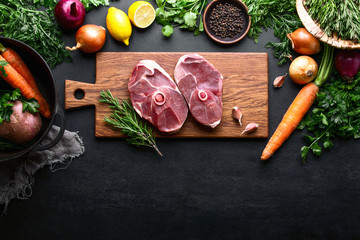Lamb stew recipe concept, top down view of raw culinary ingredients