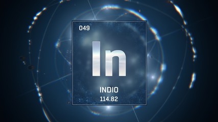 3D illustration of Indium as Element 49 of the Periodic Table. Blue illuminated atom design background with orbiting electrons. Name, atomic weight, element number in Spanish language