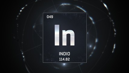 3D illustration of Indium as Element 49 of the Periodic Table. Silver illuminated atom design background with orbiting electrons. Name, atomic weight, element number in Spanish language