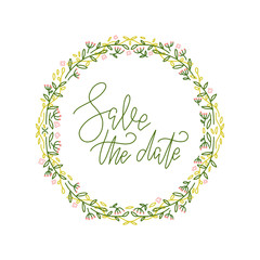 Round Wreaths with green leaves and flowers. Hand drawn doodle vector floral ornament, design template. Unique decoration for greeting card, wedding invitation, save the date lettering quote.