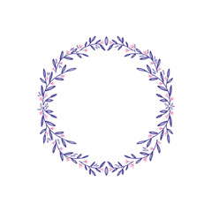 Lavender flowers decorative wreath isolated on white background, Round frame hand drawn doodle vector sketch herbal line art graphic design for greeting card, invitation, wedding design