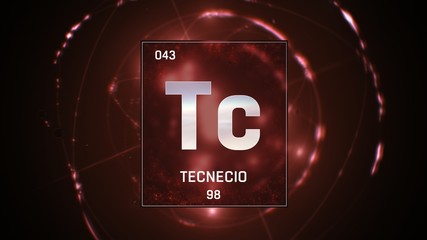 3D illustration of Technetium as Element 43 of the Periodic Table. Red illuminated atom design background with orbiting electrons. Name, atomic weight, element number in Spanish language