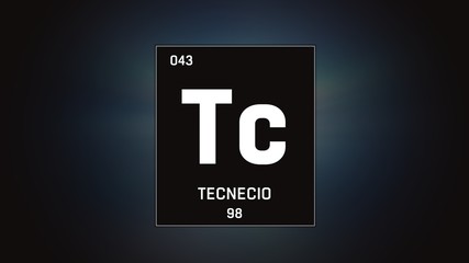 3D illustration of Technetium as Element 43 of the Periodic Table. Grey illuminated atom design background with orbiting electrons. Name, atomic weight, element number in Spanish language