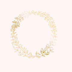 Wreath border frame. Wedding marriage event invitation card template. Luxury bright shiny gold gradient. Text placeholder. Gold floral round frame.