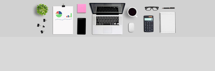 Fototapeta na wymiar Top view office desk and supplies with copy space. Creative flat lay photo of workspace desk - panoramic background