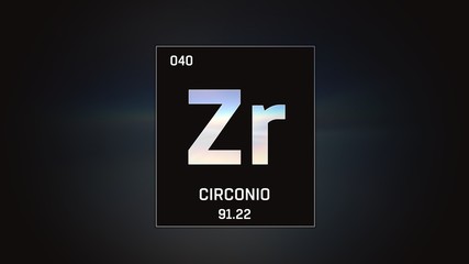 Fototapeta premium 3D illustration of Zirconium as Element 40 of the Periodic Table. Grey illuminated atom design background with orbiting electrons. Name, atomic weight, element number in Spanish language