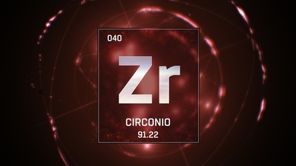 3D illustration of Zirconium as Element 40 of the Periodic Table. Red illuminated atom design background with orbiting electrons. Name, atomic weight, element number in Spanish language