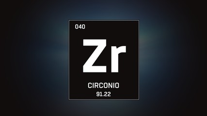 3D illustration of Zirconium as Element 40 of the Periodic Table. Grey illuminated atom design background with orbiting electrons. Name, atomic weight, element number in Spanish language