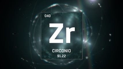 3D illustration of Zirconium as Element 40 of the Periodic Table. Green illuminated atom design background with orbiting electrons. Name, atomic weight, element number in Spanish language