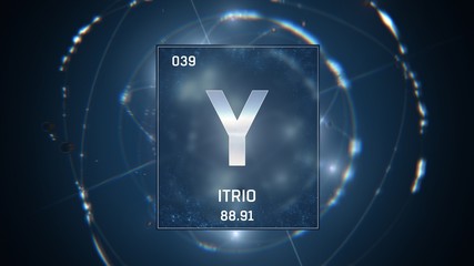 3D illustration of Yttrium as Element 39 of the Periodic Table. Blue illuminated atom design background with orbiting electrons. Name, atomic weight, element number in Spanish language