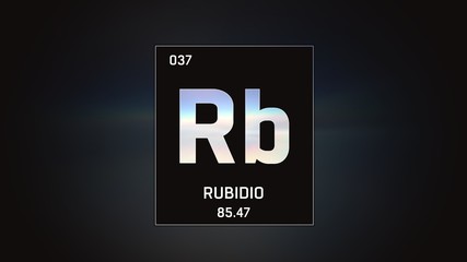 3D illustration of Rubidium as Element 37 of the Periodic Table. Grey illuminated atom design background with orbiting electrons. Name, atomic weight, element number in Spanish language