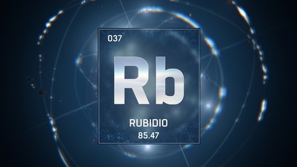 3D illustration of Rubidium as Element 37 of the Periodic Table. Blue illuminated atom design background with orbiting electrons. Name, atomic weight, element number in Spanish language