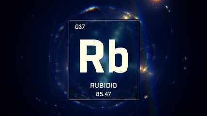 3D illustration of Rubidium as Element 37 of the Periodic Table. Blue illuminated atom design background with orbiting electrons. Name, atomic weight, element number in Spanish language