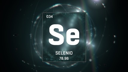 3D illustration of Selenium as Element 34 of the Periodic Table. Green illuminated atom design background with orbiting electrons. Name, atomic weight, element number in Spanish language