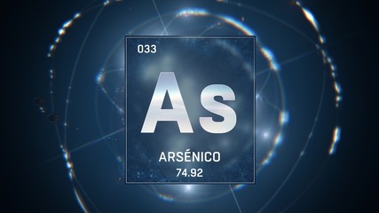 3D illustration of Arsenic as Element 33 of the Periodic Table. Blue illuminated atom design background with orbiting electrons. Name, atomic weight, element number in Spanish language