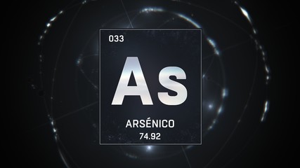 3D illustration of Arsenic as Element 33 of the Periodic Table. Silver illuminated atom design background with orbiting electrons. Name, atomic weight, element number in Spanish language