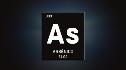 3D illustration of Arsenic as Element 33 of the Periodic Table. Grey illuminated atom design background with orbiting electrons. Name, atomic weight, element number in Spanish language