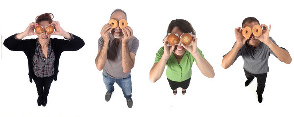 people with a muffin and donut on white background