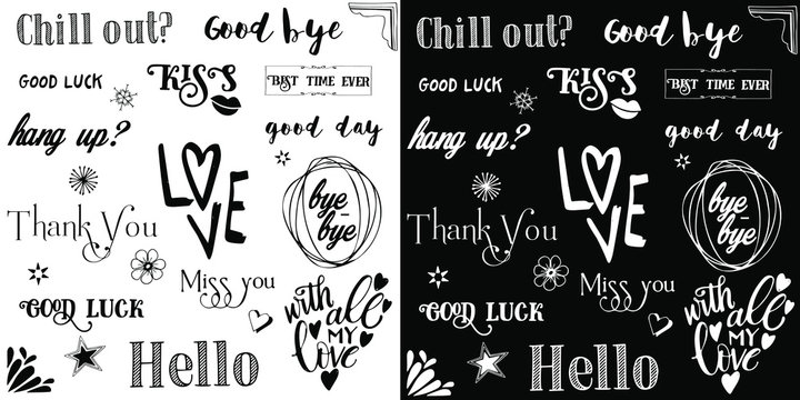 Fototapeta Vector set of inscriptions about love, words of motivation and wishes. Vector lettering. Vector doodles - frames, arrows, flowers, hearts, stars.