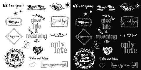 Naklejka premium Vector set of inscriptions about love, words of motivation and wishes. Vector lettering. Vector doodles - frames, arrows, flowers, hearts, stars.