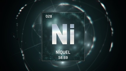 3D illustration of Nickel as Element 28 of the Periodic Table. Green illuminated atom design background with orbiting electrons. Name, atomic weight, element number in Spanish language