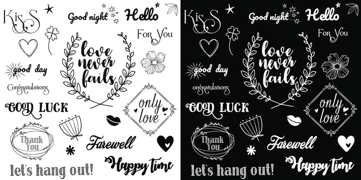 Fototapeta Vector set of inscriptions about love, words of motivation and wishes. Vector lettering. Vector doodles - frames, arrows, flowers, hearts, stars.