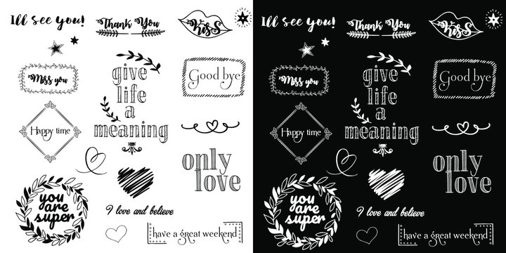 Fototapeta Vector set of inscriptions about love, words of motivation and wishes. Vector lettering. Vector doodles - frames, arrows, flowers, hearts, stars.