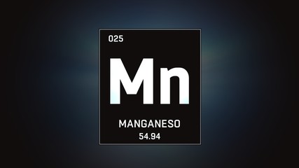 3D illustration of Manganese as Element 25 of the Periodic Table. Grey illuminated atom design background with orbiting electrons. Name, atomic weight, element number in Spanish language