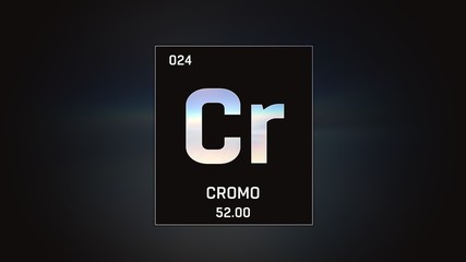 3D illustration of Chromium as Element 24 of the Periodic Table. Green illuminated atom design background with orbiting electrons. Name, atomic weight, element number in Spanish language