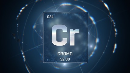 3D illustration of Chromium as Element 24 of the Periodic Table. Blue illuminated atom design background with orbiting electrons. Name, atomic weight, element number in Spanish language