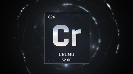 3D illustration of Chromium as Element 24 of the Periodic Table. Silver illuminated atom design background with orbiting electrons. Name, atomic weight, element number in Spanish language