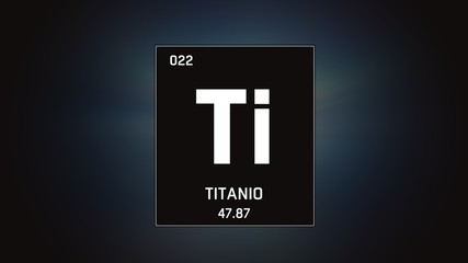 3D illustration of Titanium as Element 22 of the Periodic Table. Grey illuminated atom design background with orbiting electrons. Name, atomic weight, element number in Spanish language