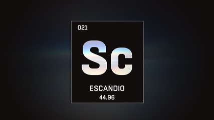 3D illustration of Scandium as Element 21 of the Periodic Table. Grey illuminated atom design background with orbiting electrons. Name, atomic weight, element number in Spanish language