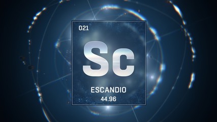 3D illustration of Scandium as Element 21 of the Periodic Table. Blue illuminated atom design background with orbiting electrons. Name, atomic weight, element number in Spanish language