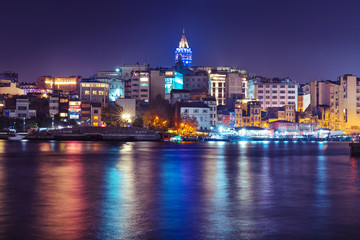 view of Karakoy with Galata tower at night, Istanbul, Turkey