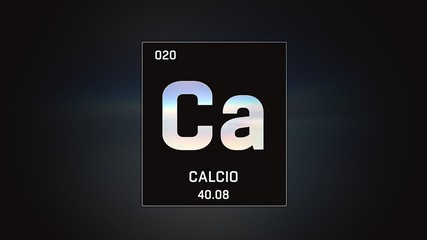 3D illustration of Calcium as Element 20 of the Periodic Table. Grey illuminated atom design background with orbiting electrons. Name, atomic weight, element number in Spanish language