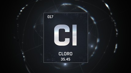 3D illustration of Chlorine as Element 17 of the Periodic Table. Silver illuminated atom design background with orbiting electrons. Name, atomic weight, element number in Spanish language