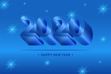 Happy New Year 2020. 3D blue numbers with a metallic sheen. Cubic design.