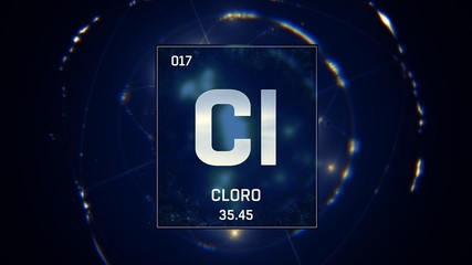 3D illustration of Chlorine as Element 17 of the Periodic Table. Blue illuminated atom design background with orbiting electrons. Name, atomic weight, element number in Spanish language