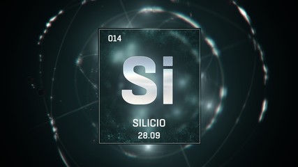 3D illustration of Silicon as Element 13 of the Periodic Table. Green illuminated atom design background with orbiting electrons. Name, atomic weight, element number in Spanish language