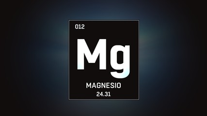 3D illustration of Magnesium as Element 12 of the Periodic Table. Grey illuminated atom design background with orbiting electrons. Name, atomic weight, element number in Spanish language